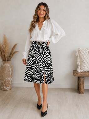White House Black Market Zebra Print Midi Skirt Ruched Belted Stretch NWT M